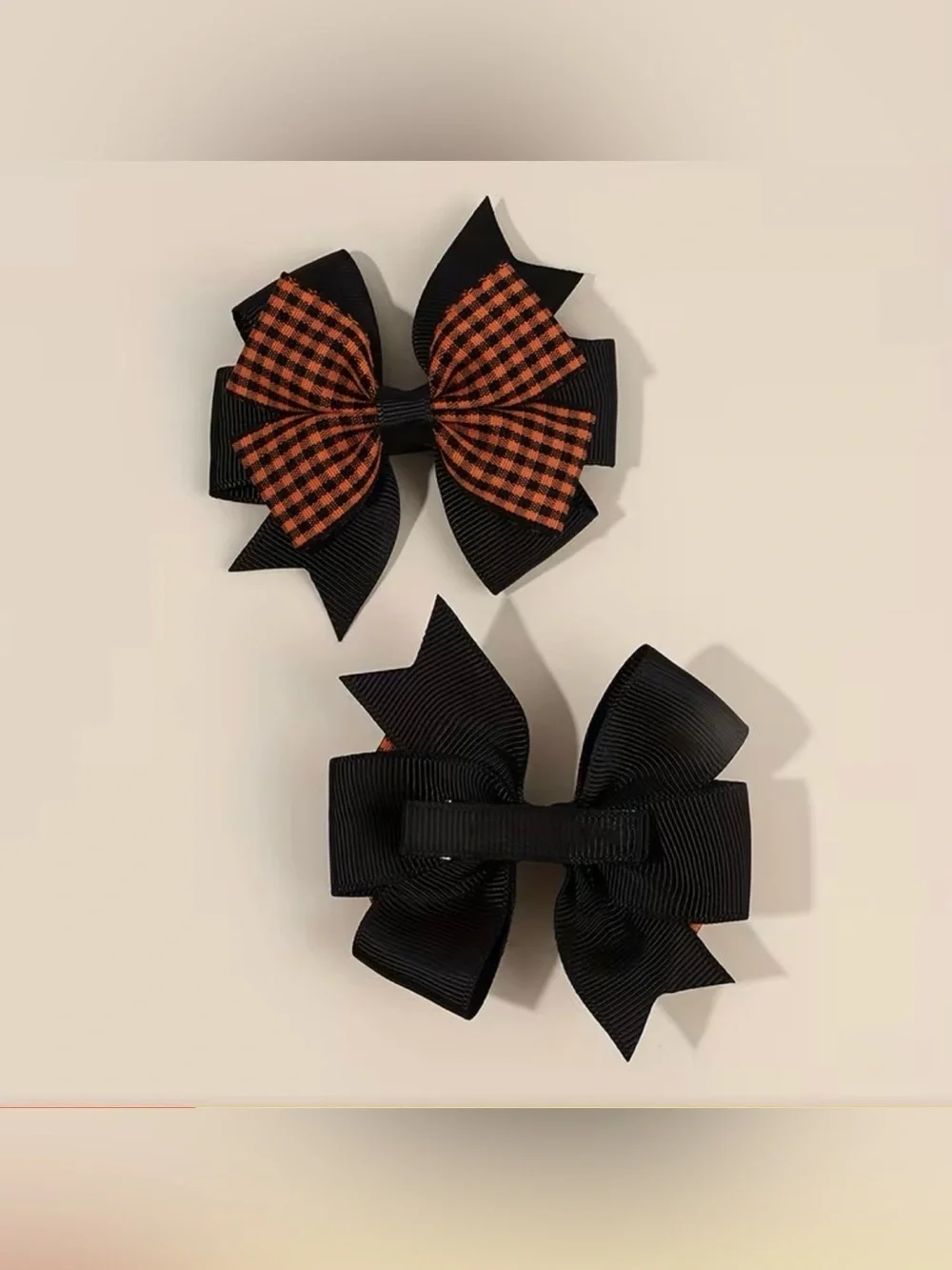 Black and Orange Gingham Layered Hair Bows - Set of 2